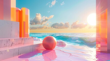 Leinwandbilder - An abstract summer landscape scene with a geometric form. Ocean beach view in 3D...