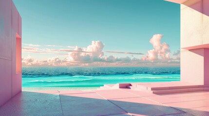 Leinwandbilder - An abstract summer landscape scene with geometric forms. Ocean beach scene. A 3D rendering.....