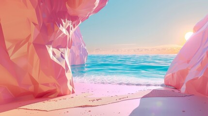 Leinwandbilder - An abstract summer landscape scene with geometric forms. View of the ocean from a beach. 3D rendering.