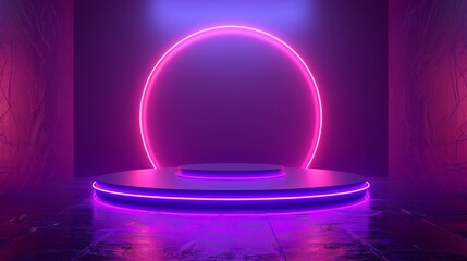 Aufkleber - In the dark room, there is a purple empty scene with neon lamps on the background and a pink digital podium with an image of digital rings projected on its surface