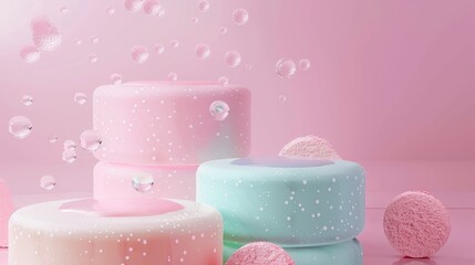 Poster - 3D rendering of a natural beauty podium backdrop with water drops on a pastel color background.