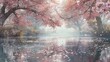 A natural landscape painting of a lake with cherry blossom trees