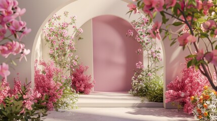 Poster - Flower installation scene with geometric arch. 3D rendering...