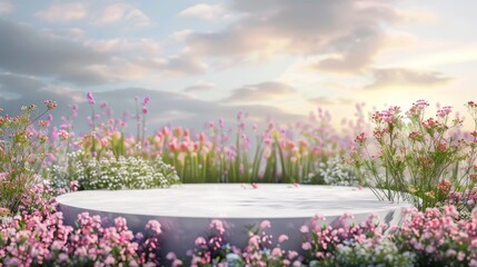 Poster - Prominent podium backdrop with spring flower fields. 3D rendering.