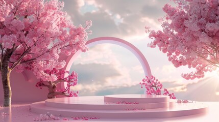 Poster - 3D rendering of a natural beauty podium backdrop with a spring sakura cherry blossom landscape scene....
