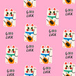 Maneki neko Cats. Lucky symbol. Japanese lucky welcoming cat doll, porcelain kitten. Hand drawn Vector illustration. Square seamless Pattern. Pink background. Repeating design element for printing