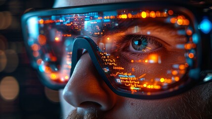 Aufkleber - Software developer in VR headset. Developing computer code in programming environment. Man working in glasses, headset. Futuristic technology concept.
