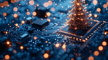 Fototapete - Merry Christmas and New Year, template in the style of new technology. Christmas tree on a printed circuit board. Snowfall, snow flakes from electronic pulses and signals. Tech 2024.