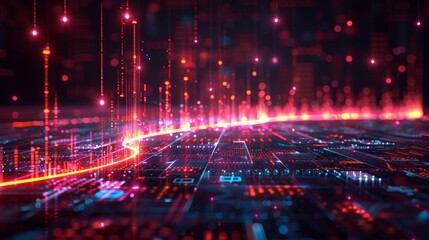 Fototapete - Geometric shapes in digital space. Business tech dark background with neon lines, cube, circle chart over glass table. Future fintech concept of analysis datum.