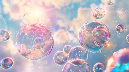 Leinwandbilder - Fluid, liquid blobs, metaballs. Holographic soap bubbles floating on a sky background. 3D abstract art.