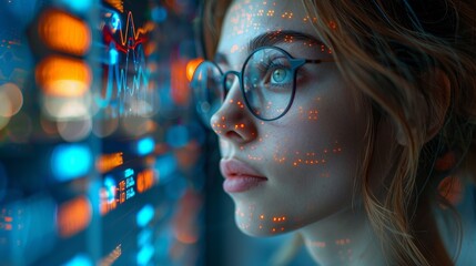 Leinwandbilder - A robot trader. Artificial intelligence develops trading strategies on the stock exchange. A neural network in an image robot or a cyborg woman analyzes financial charts.