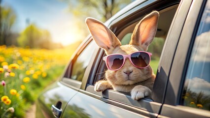 Easter Bunny Wearing Sunglasses Takes a Ride, Exploring New Destinations.