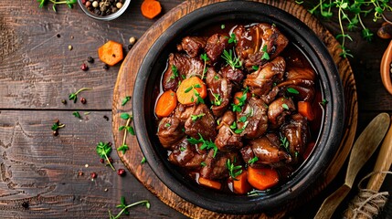 Wall Mural - Savory beef stew with carrots and herbs in a rustic pot