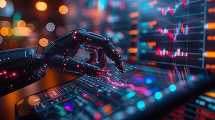 Poster - Trading robot. Artificial Neural Network analysis in an online trading app. Robot pointing at candlestick graph on screen. AI for automated trading on stock market. Hand robot pointing at candlestick
