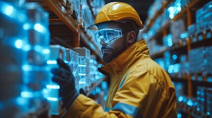 Fototapete - Inventor is working in futuristic bionic exoskeleton on factory floor, picking up boxes. Robotic exosuit on warehouse worker. Future technology of delivery, logistics.