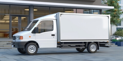 Wall Mural - White delivery truck van on road with building background.