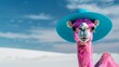 A quirky camel wearing a bright pink hat and matching fur coat poses gracefully in a sandy desert environment, offering a whimsical and colorful visual treat.