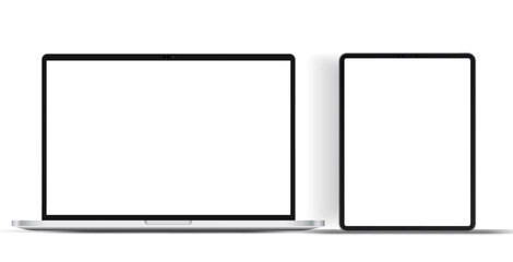 Poster - Modern laptop mockup front view and smartphone mockup high quality isolated on white background. Notebook mockup and phone device mockup for ui ux app and website presentation Stock Vector.