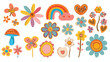 Groovy hippie 70s set. Funny cartoon flower rainbow pe