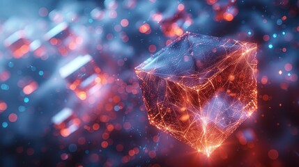 Leinwandbilder - A futuristic technological background with neon glowing geometric shapes hanging in the air in 3D space. Abstract technology banner in a modern style.