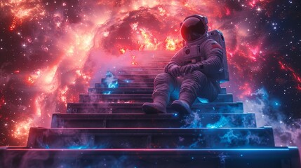 Aufkleber - Cosmonauts in futuristic spacesuits sit on futuristic space ships and observe the stars at a spaceport. On a space station's runway, a flying saucer lands. Sci-fi illustration.