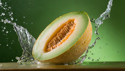 Wall Mural - Close-up of levitating fresh melon with splashes of water. Tasty and healthy food. Organic fruit