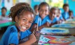 © LoLArt - Cheerful african american primary school girl smiling with toothy smile at camera in painting class classroom at school