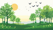 Morning green trees landscape with birds. flat vector