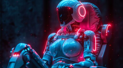 Fototapete - The AI or artificial intelligence in the image is a woman in neon glow playing the throne, a female robotic queen. The AI or artificial intelligence is a sci-fi image of an AI computer neural network