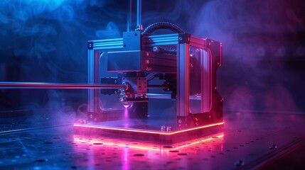 Aufkleber - A 3D printer icon in a technology neon frame. Additive technology concept banner. SLA 3D printer icon for DIY or home use.