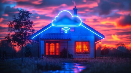 Aufkleber - Technology concept banner for smart homes. Smart homes with IOT systems connect to wireless internet cloud storage. IOT. Concept of Internet of things. hanging neon icon of smart homes and cloud