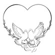Two dove pigeons birds in a frame shaped like a wedding heart. Wedding, invitation, monochrome line art