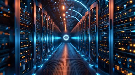 Aufkleber - An abstract data center door with light signatures. Future computer technology concept. Fantasy cyber door or portal in a data center. Tech banner.
