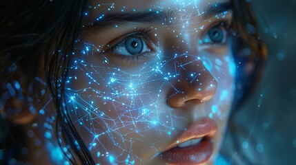 Aufkleber - Digital data analysis using artificial intelligence. AI robot woman holds in her hand digital data from internet cloud storage. Artificial neural networks are learning through AI technology.