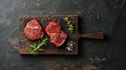 Sticker - Beef steak displayed on a cutting board against a dark concrete backdrop