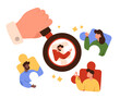 Search for employee of team, employment. Employer holding magnifying glass in hand to magnify profiles of candidates inside puzzle pieces, choose staff for vacancy cartoon vector illustration