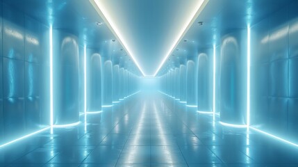 Aufkleber - A 3D render illustration depicting an empty illuminated light blue corridor interior.
