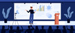 Public speech of woman on scientific conference, training event. Female speaker standing on stage with podium for science lecture and presentation in front of audience cartoon vector illustration