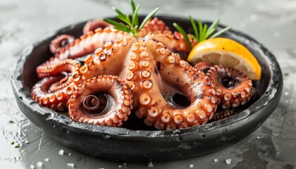 Wall Mural - Exquisite presentation of mediterranean grilled octopus on sophisticated black serving plate