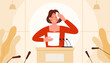 © Flash Vector - Speaker feeling anxiety, panic and fear when speaking in front of audience. Nervous female speaker standing at podium for public presentation, confused woman at rostrum cartoon vector illustration