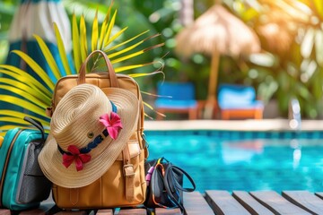 Wall Mural - Red suitcase packed for journey on the seashore on sand with starfish and beach ha