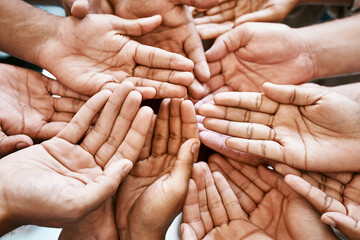 Poster - Hands, teamwork and collaboration in closeup with partnership and charity for community support. Group, people or friends and crowd palm for help, hope and goal or mission for solidarity and peace