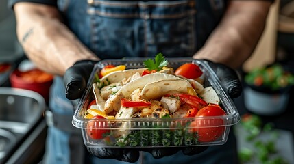 men show a delicious plate of tacos made in a food truck, with all its details and sauces, street food mexican.