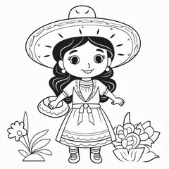 Wall Mural - Coloring book for children: Cute girl in mexican costume