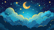 Night sky with crescent moon stars and clouds vector illustration