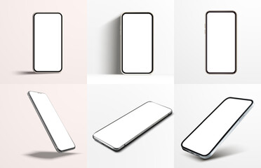 Poster - Sleek Smartphone Mockups Displayed in Various Angles. Six smartphone mockups on a soft background, perfect for showcasing app designs or mobile interfaces. Vector mockup illustration