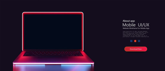 Wall Mural - Neon Glow Laptop Concept on Dark Background. Sleek laptop with a glowing neon outline and underglow, set against a dark backdrop, depicting modern technology. Vectro illustration