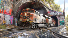 A Train Is Traveling Through A Tunnel With Graffiti On The Walls