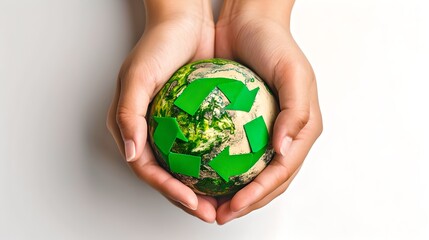 Sticker - Caring Hands Hold a Green Earth with Recycling Symbol, Environmental Protection Conceptual Image. AI