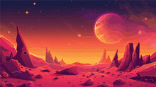 Orange Alien Space Planet Game Cartoon Background. Fan